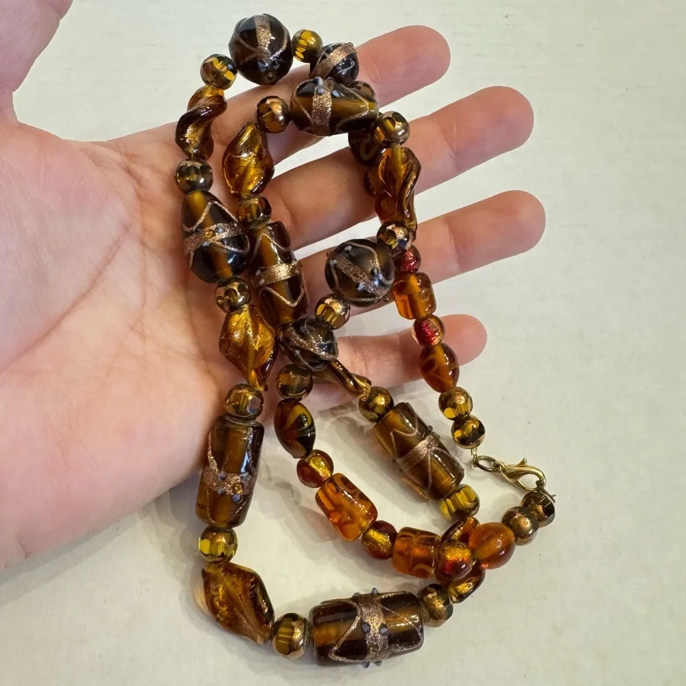 Vintage Brown Amber Color Gold Foil Lampwork Handmade Art Glass Beaded Necklace